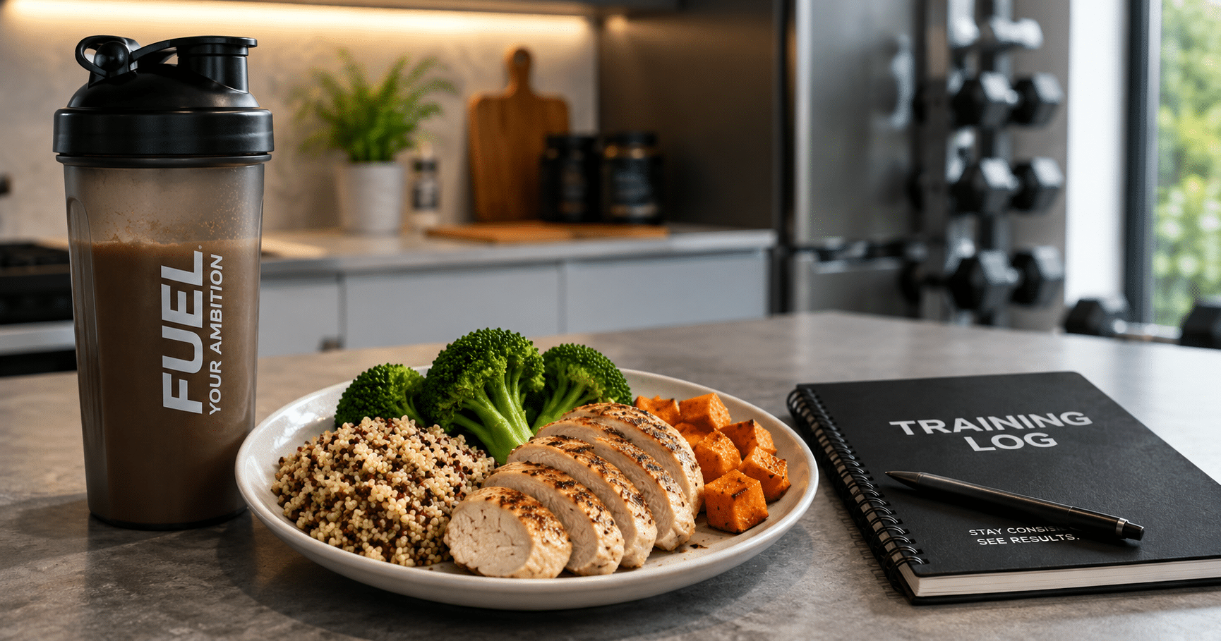 Balanced high-protein meal on a plate next to a shaker bottle and training notebook