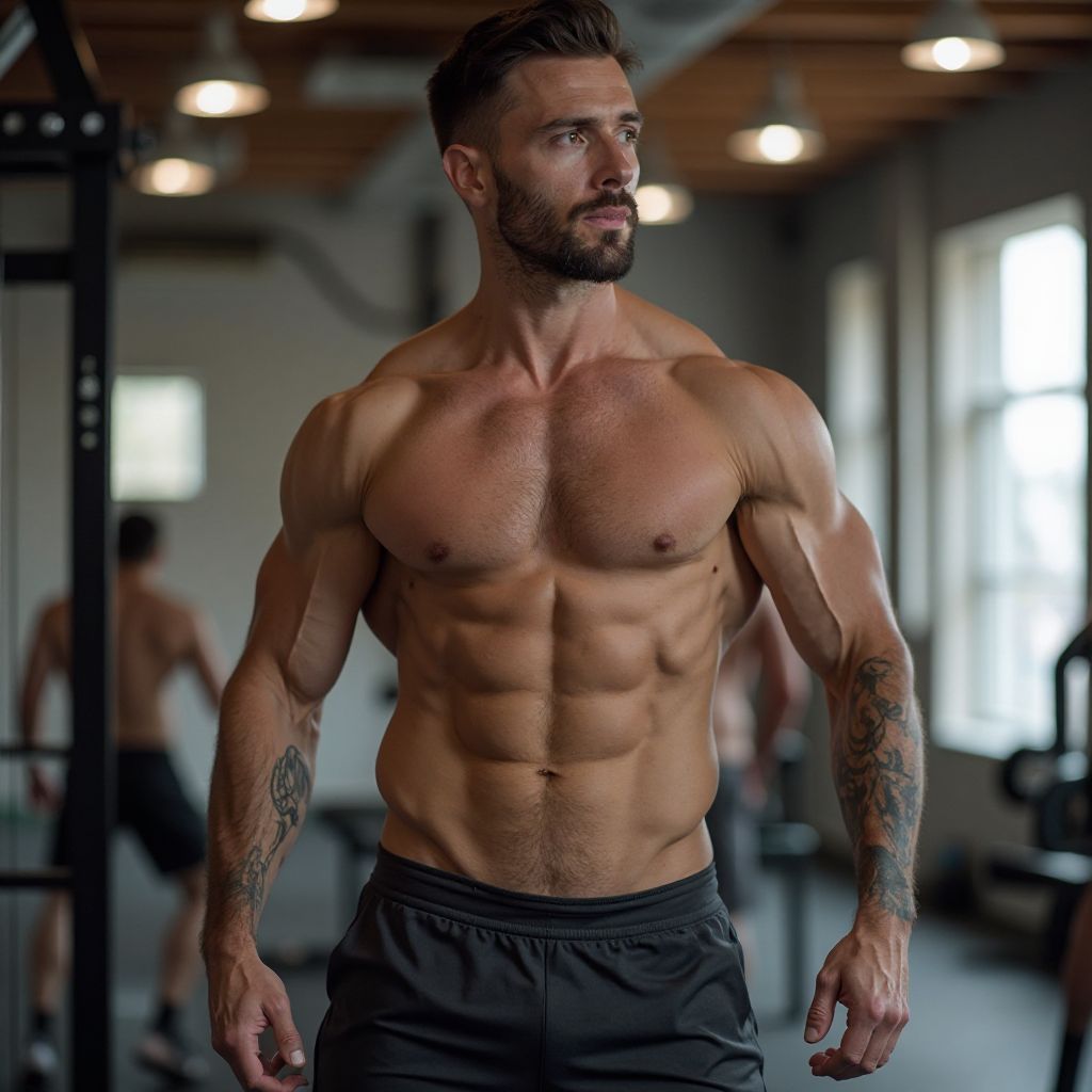 Lean muscular athlete showing defined physique in dramatic lighting after a workout