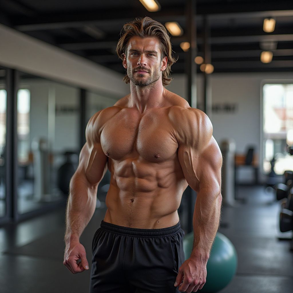 Muscular athlete standing confidently after a workout in a modern gym