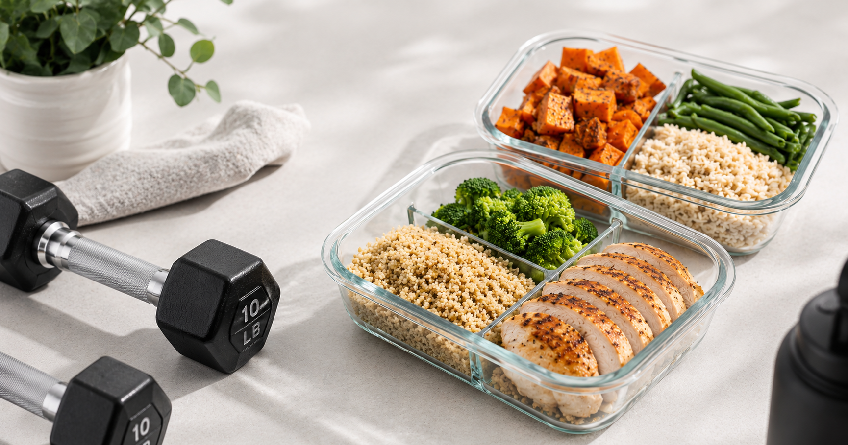 Healthy high-protein meal prep containers next to dumbbells on a clean surface
