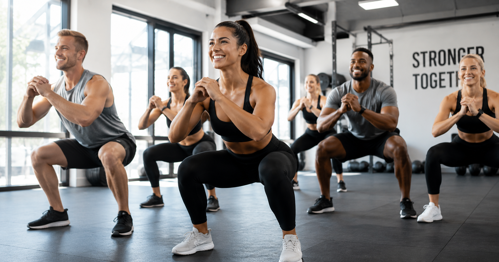 Group of fit people exercising together in a bright modern gym class