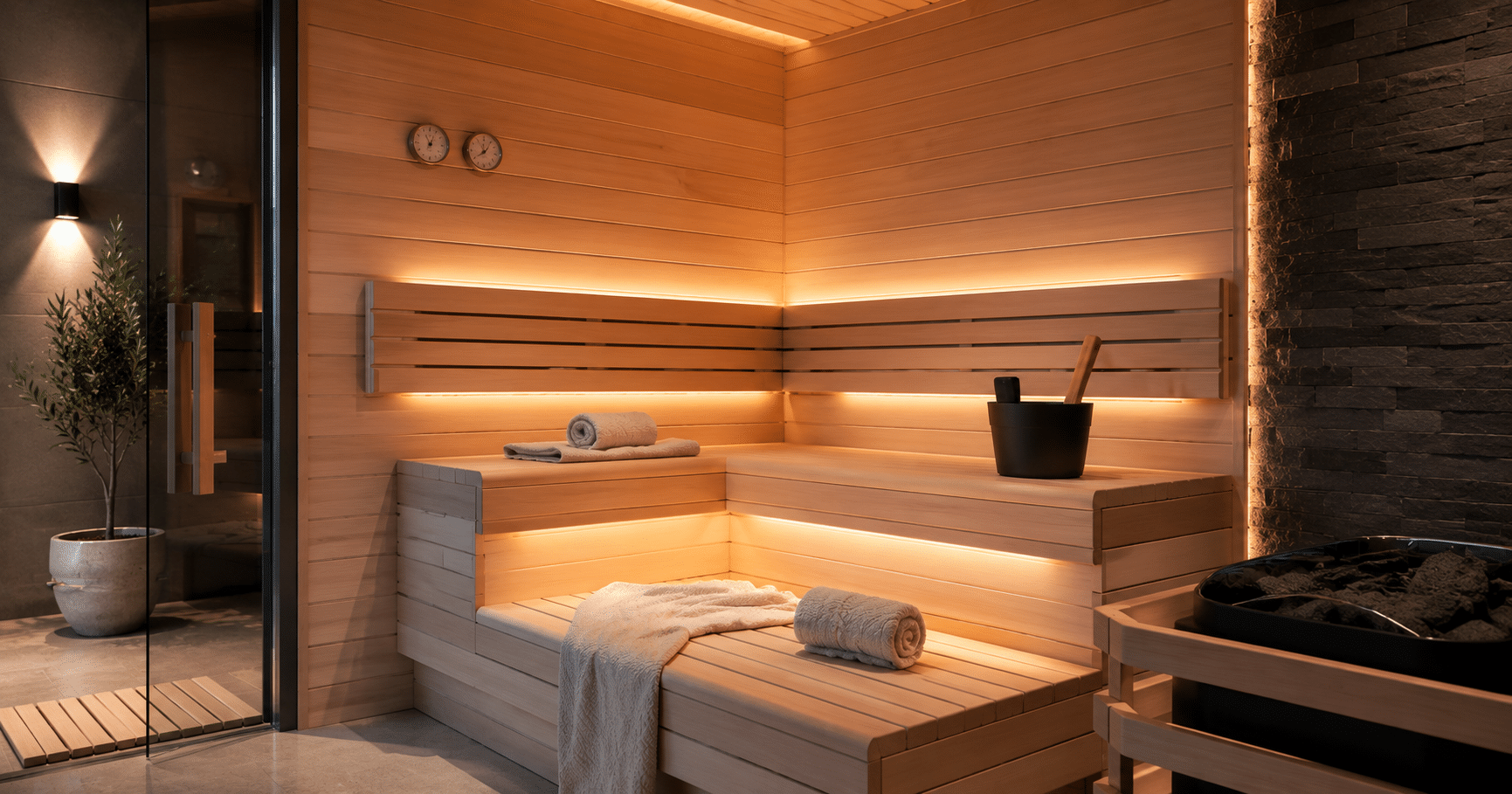 Modern home sauna interior with warm lighting and wellness accessories