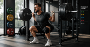 Lifter performing a controlled barbell exercise with progressive weight plates in a gym
