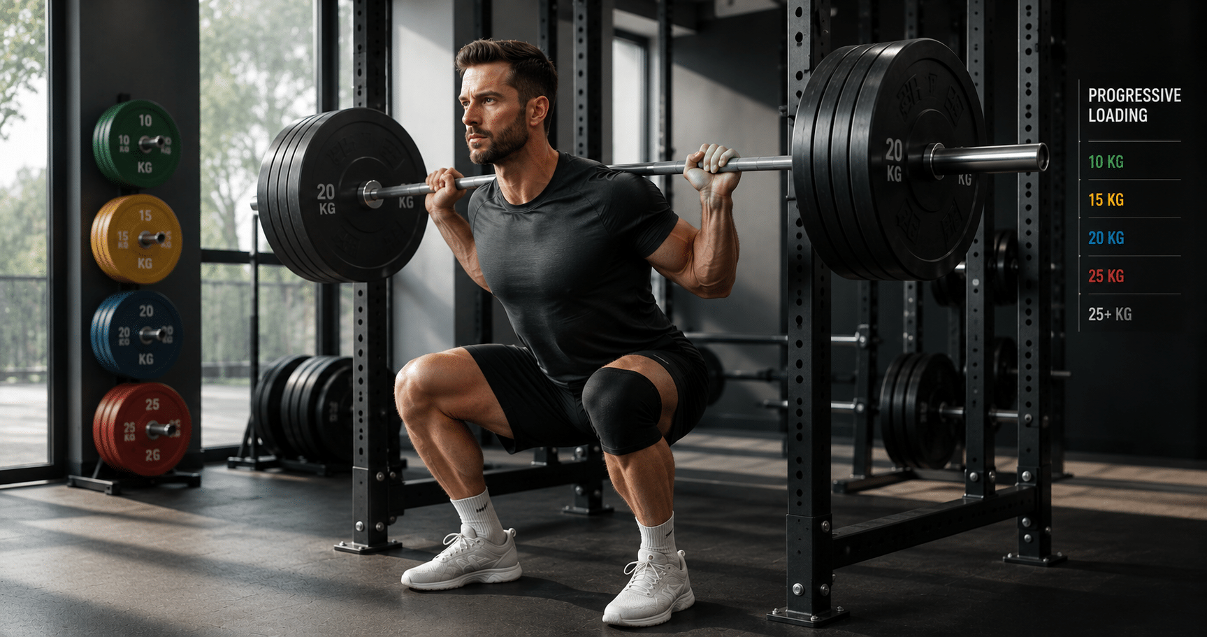 Lifter performing a controlled barbell exercise with progressive weight plates in a gym