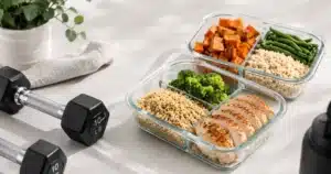 Healthy high-protein meal prep containers next to dumbbells on a clean surface