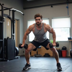 Fit person doing a high-intensity dumbbell or bodyweight circuit in a clean gym