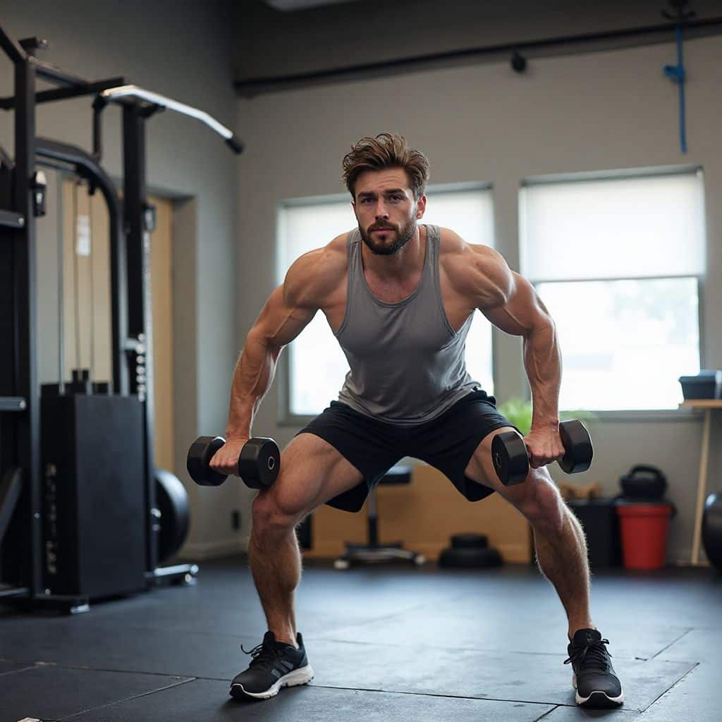 Fit person doing a high-intensity dumbbell or bodyweight circuit in a clean gym
