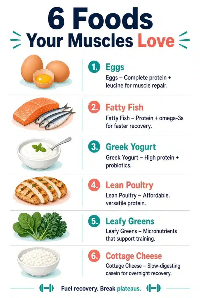 Infographic showing 6 foods for muscle growth and recovery: eggs, fatty fish, Greek yogurt, lean poultry, leafy greens, and cottage cheese