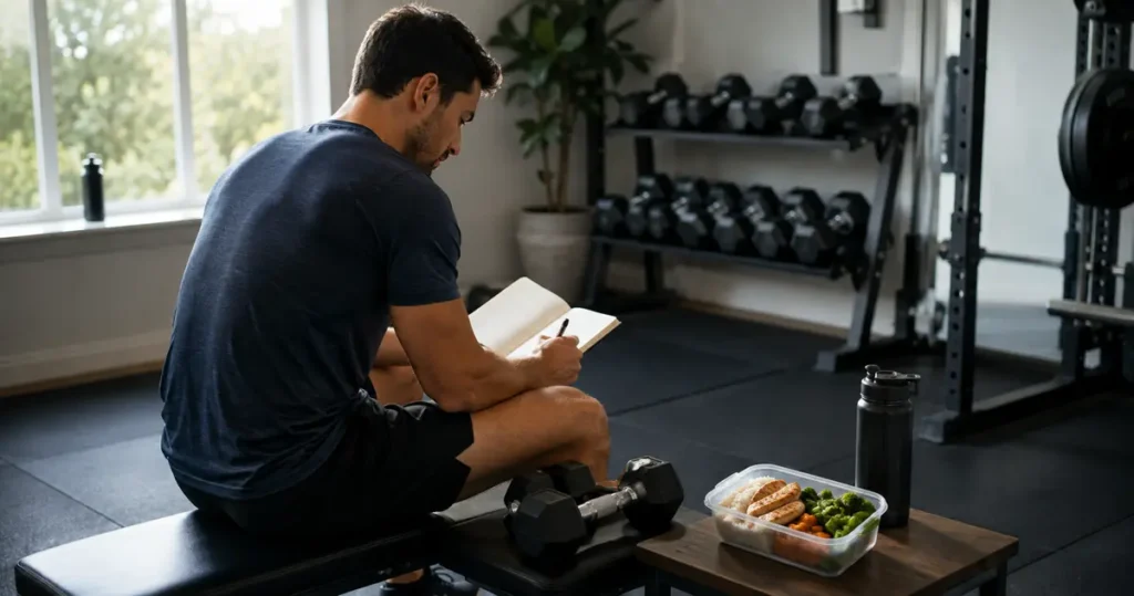 Busy lifter tracking a muscle-building workout beside dumbbells and a prepared high-protein meal
