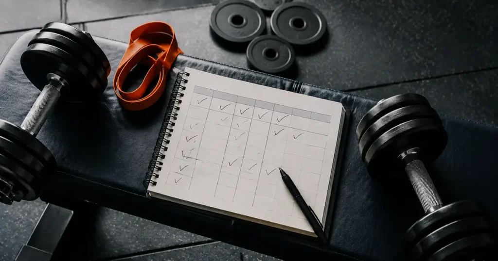 Adjustable dumbbells and a workout schedule representing organized bodybuilding programs.