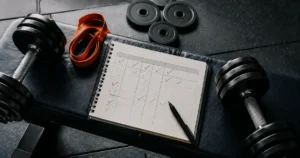 Adjustable dumbbells and a workout schedule representing organized bodybuilding programs.