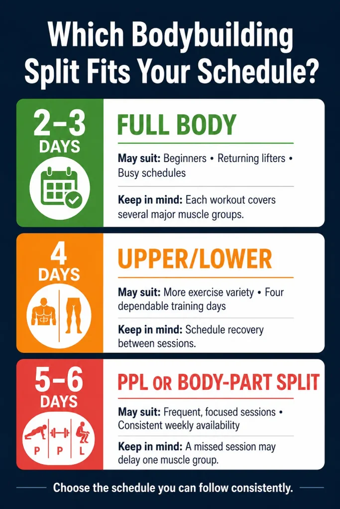 Infographic comparing full-body, upper/lower, and push-pull-legs bodybuilding splits by weekly training days.