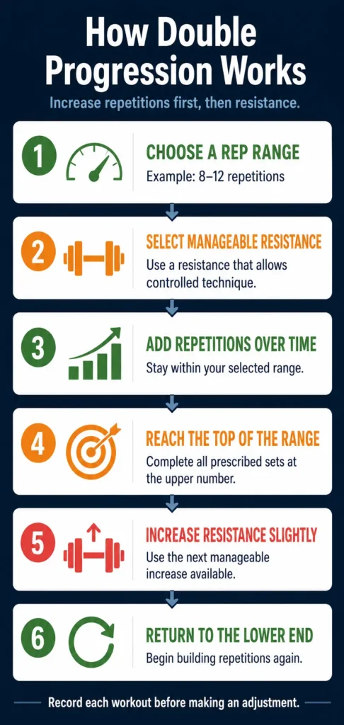 Six-step infographic explaining how to increase repetitions and then resistance using double progression.