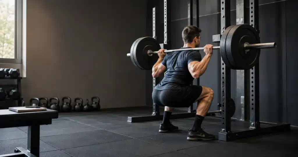 Lifter performing a controlled barbell squat to build muscle