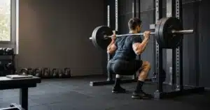 Lifter performing a controlled barbell squat to build muscle