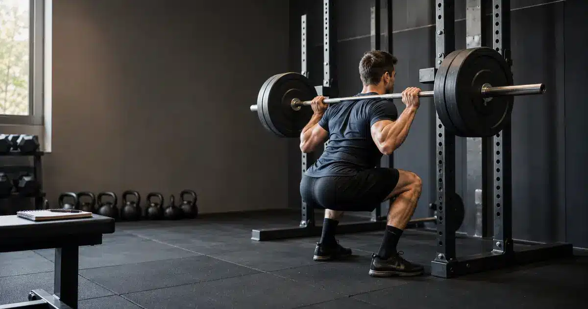 Lifter performing a controlled barbell squat to build muscle