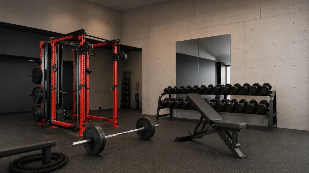 muscle building functional trainer with weights and bench