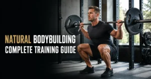 Natural bodybuilder performing a barbell squat during a strength training program
