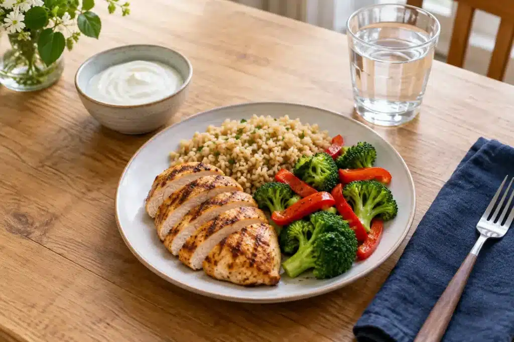 Plate of grilled chicken, grains, broccoli, and peppers with yogurt and a glass of water.