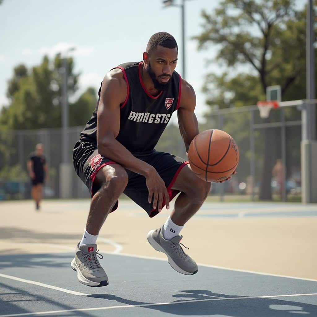 Basketball player performing a bodyweight plyometric exercise for vertical jump training
