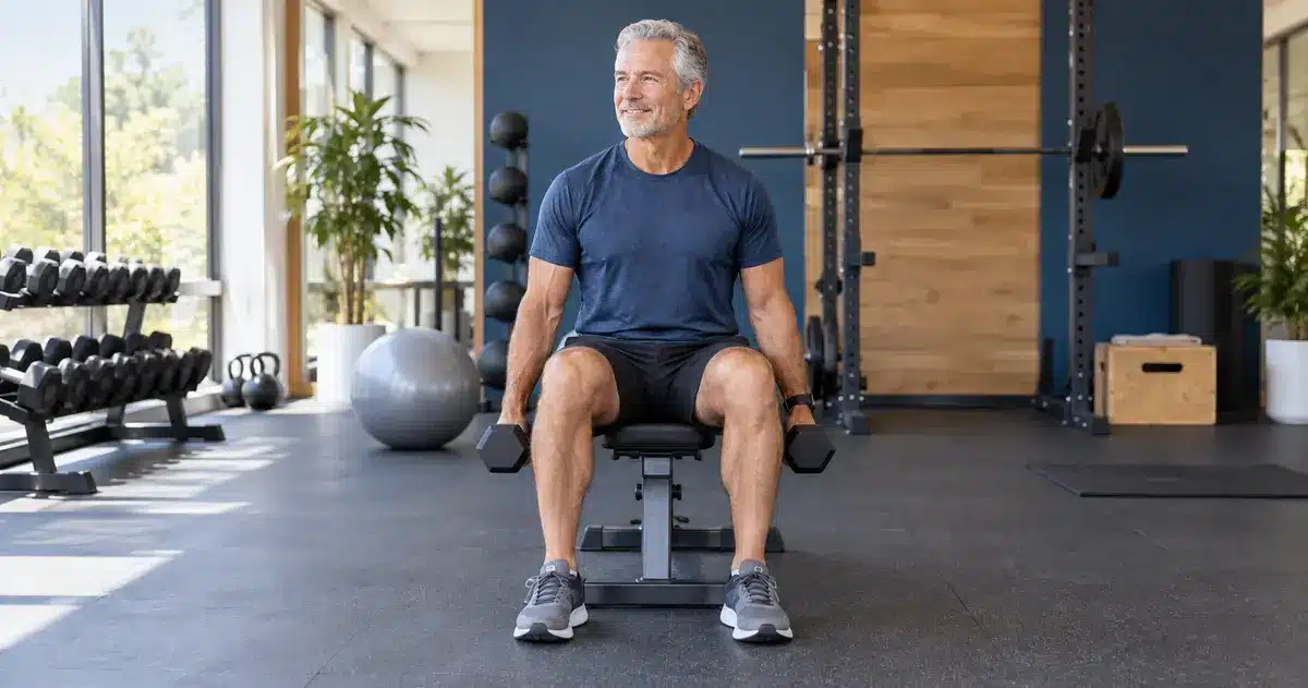 Older man seated on a gym bench holding a dumbbell in each hand.