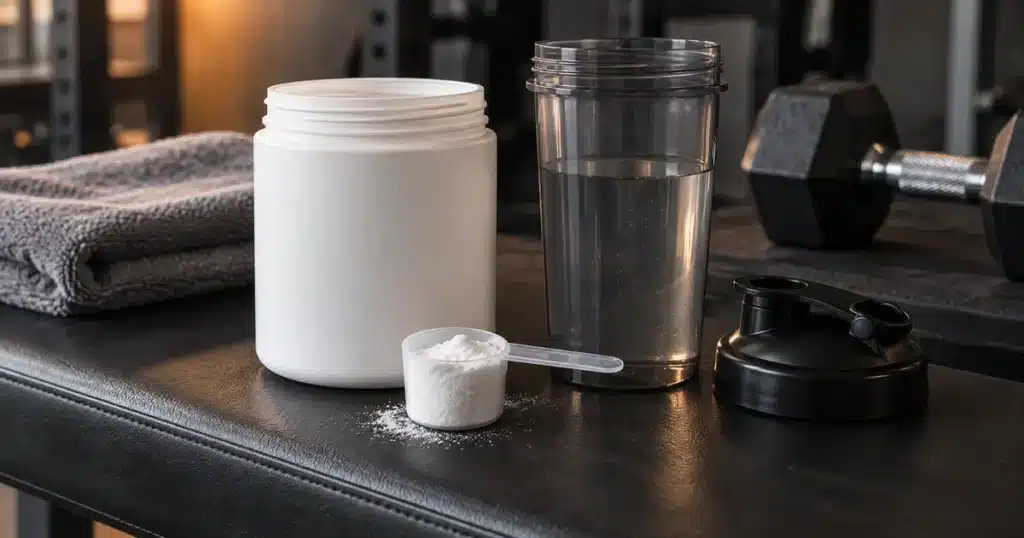Scoop of creatine powder beside an unbranded supplement tub and a shaker filled with water.