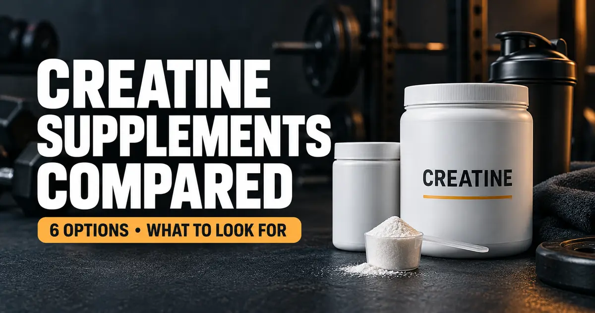 Creatine supplement containers, a scoop of powder, and a shaker beside the heading “Creatine Supplements Compared.