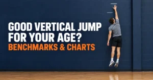 Athlete performing a standing vertical jump beside a gym wall to measure jump height.