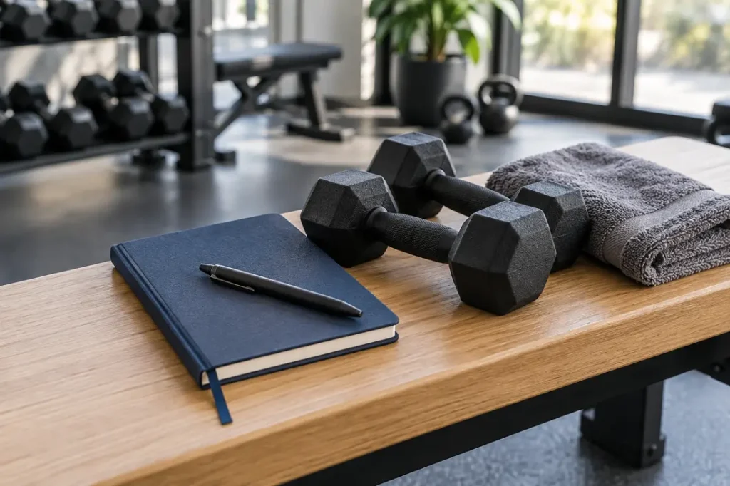 Navy training journal and pen beside dumbbells and a folded towel on a gym bench.