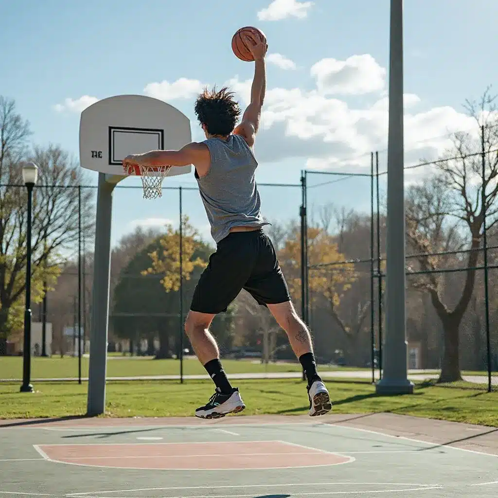Athlete performing an explosive vertical jump on an outdoor basketball court