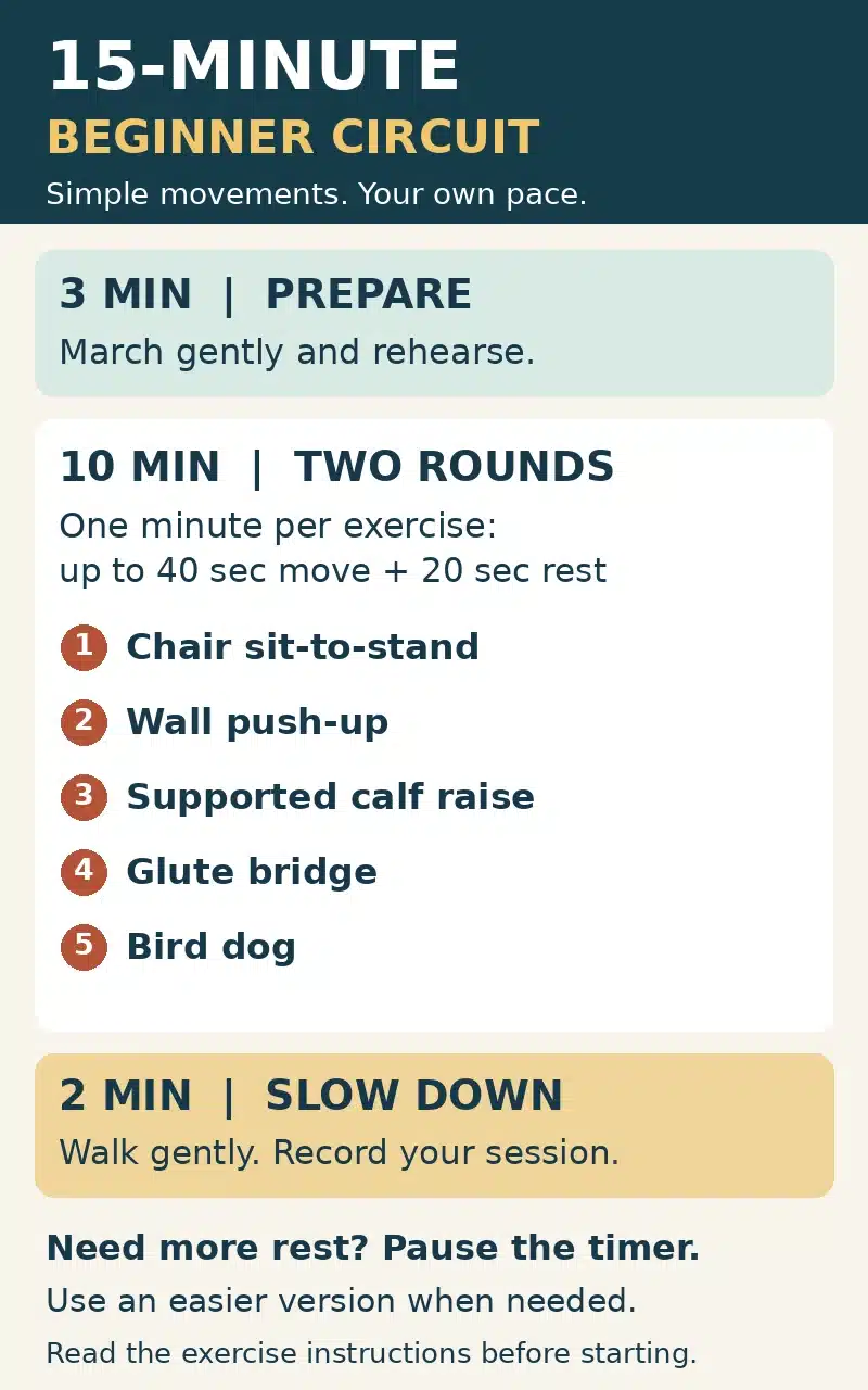 15-minute calisthenics schedule: three minutes to prepare, two five-exercise rounds, and two minutes to slow down.