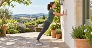 15-minute military calisthenics workout: woman practising a wall push-up on a sunny country patio.