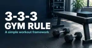 3-3-3 gym rule: a simple workout framework, illustrated with a weight bench and dumbbells.