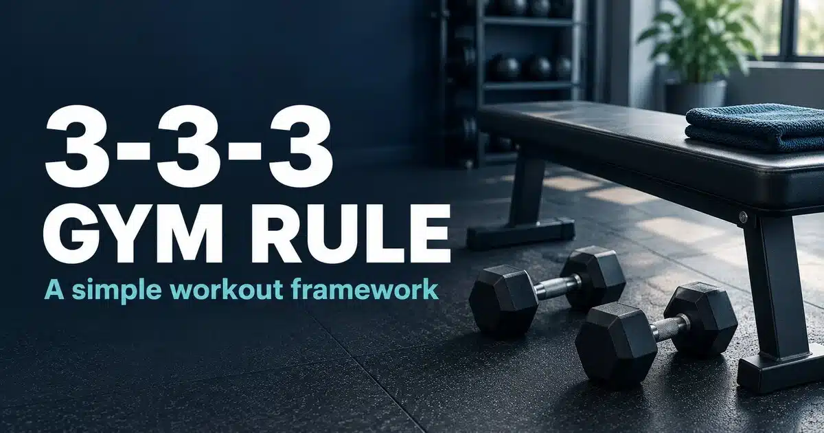 3-3-3 gym rule: a simple workout framework, illustrated with a weight bench and dumbbells.