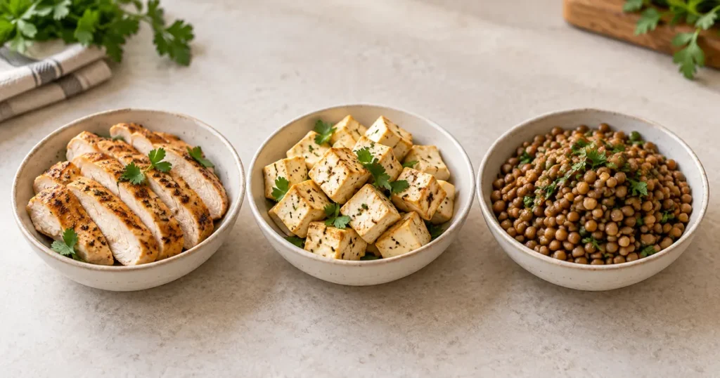 Grilled chicken, tofu, and lentils.
