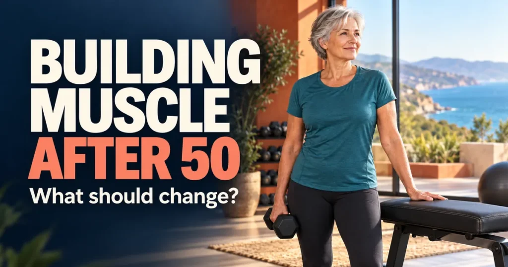 At what age is it harder to gain muscle? Older woman holding a dumbbell in a sunlit fitness studio.