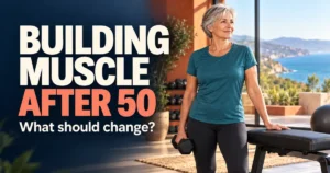 At what age is it harder to gain muscle? Older woman holding a dumbbell in a sunlit fitness studio.