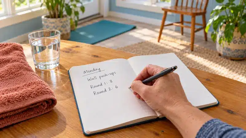 Workout journal recording eight wall push-ups in round one and six in round two, beside a glass of water.