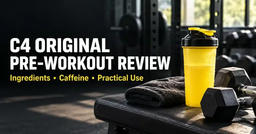 C4 Original pre-workout review title beside an unbranded shaker and dumbbells