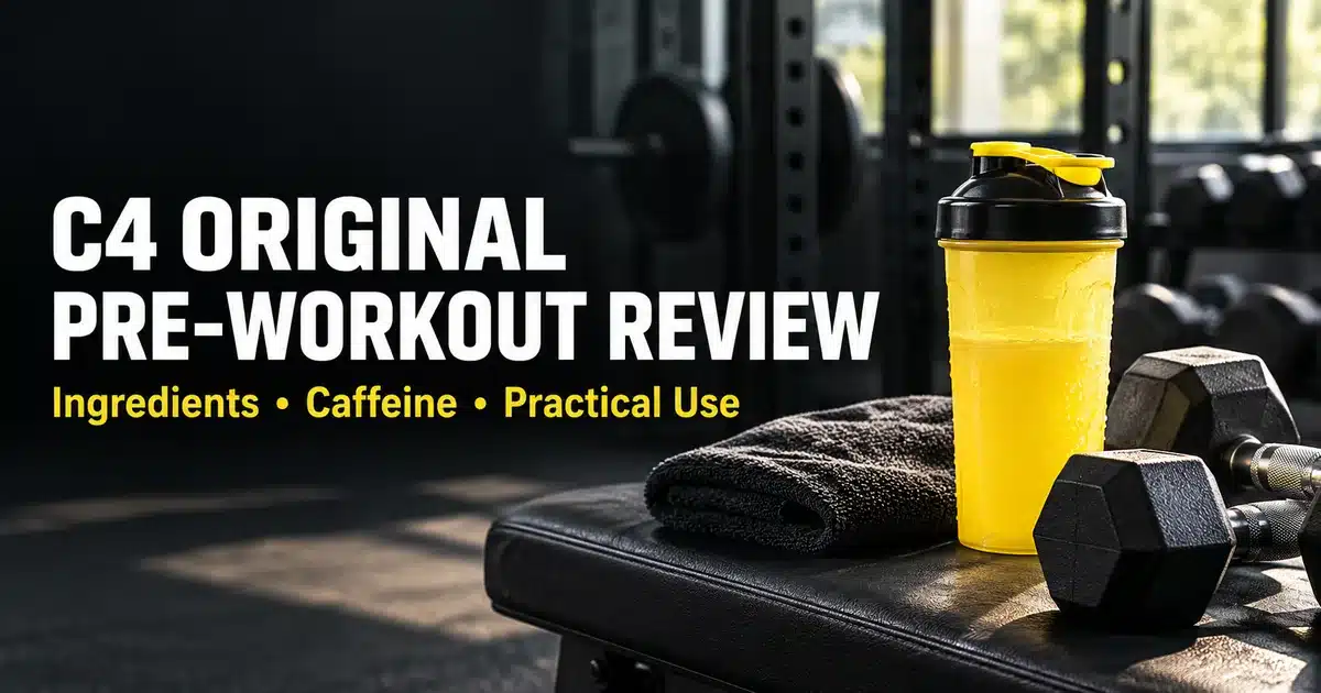 C4 Original pre-workout review title beside an unbranded shaker and dumbbells