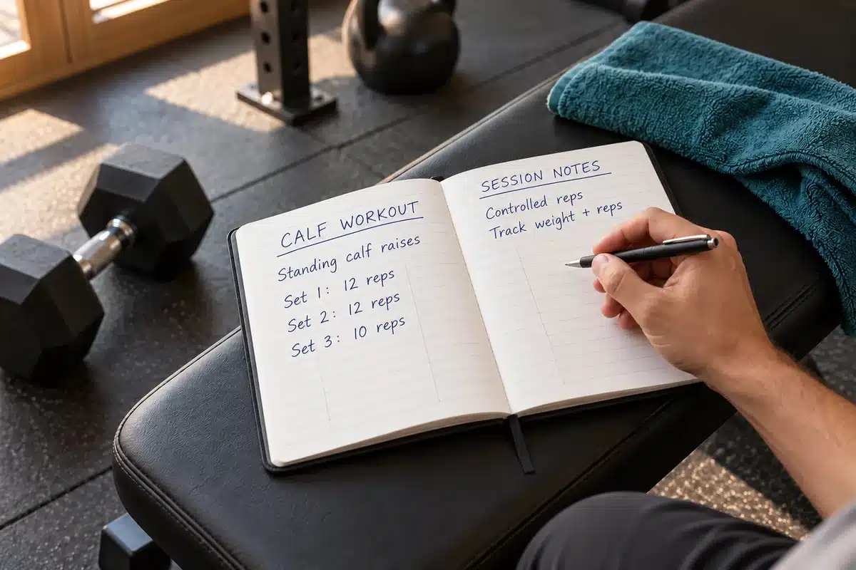Workout journal listing standing calf raises for 12, 12, and 10 reps, with notes to control repetitions and track weight.