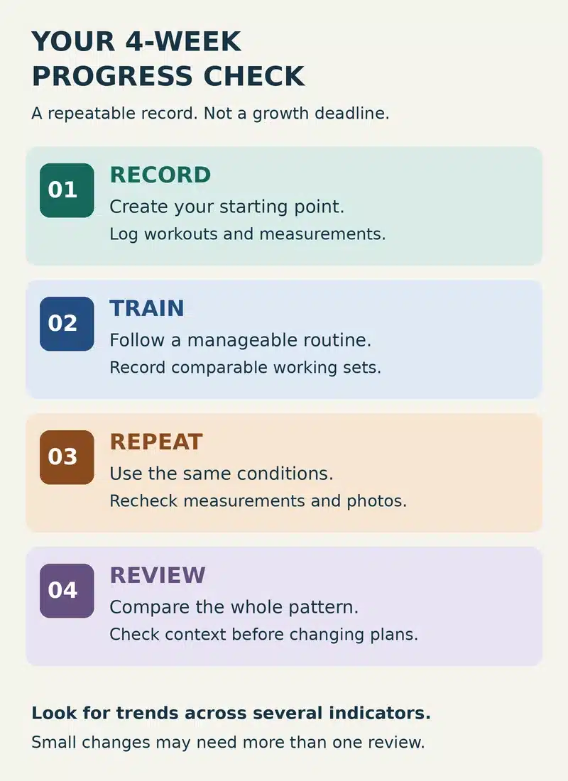 Four-week muscle-progress checklist: record a baseline, train consistently, repeat measurements and review the pattern.