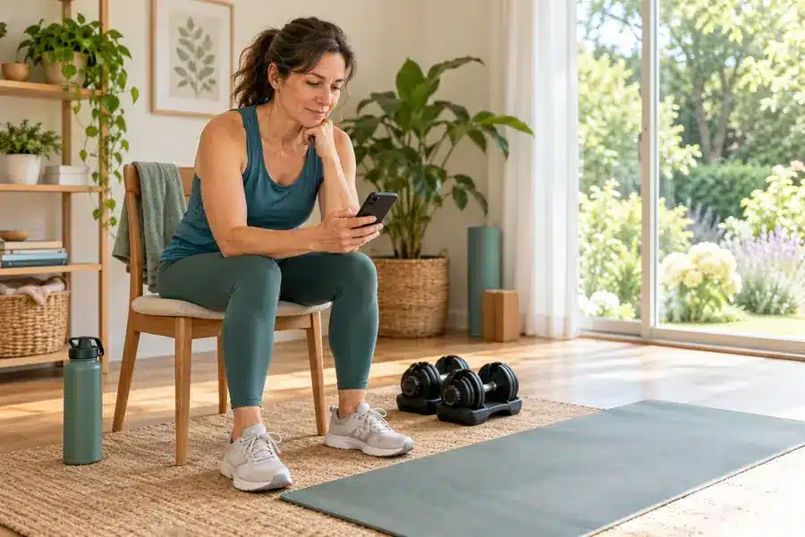 Woman checking a workout plan on her phone beside home exercise equipment