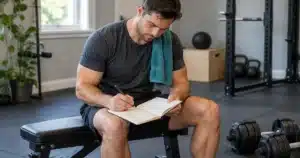 Man recording a completed workout in a notebook beside dumbbells in a home gym