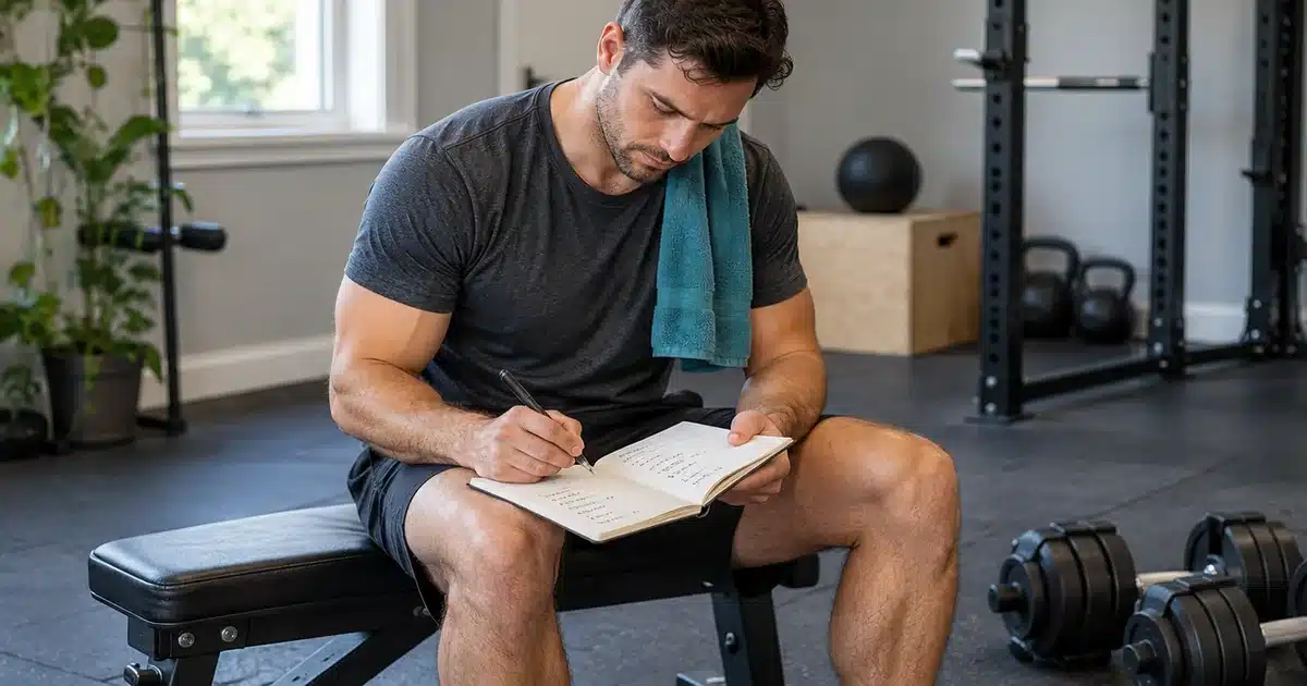 Man recording a completed workout in a notebook beside dumbbells in a home gym
