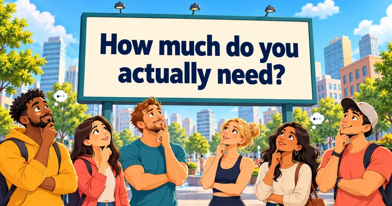Curious crowd looking up at a city billboard asking, ‘How much do you actually need?’