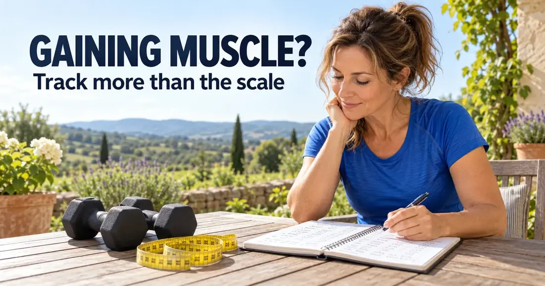 How to tell if your body is gaining muscle: woman recording a workout in a journal beside dumbbells on a sunny patio.