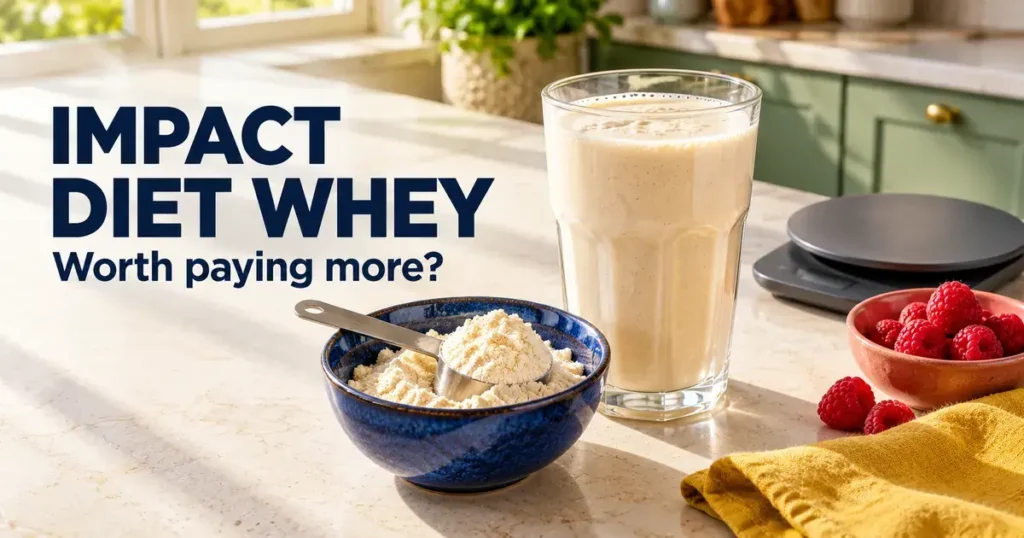 Impact Diet Whey review illustration showing a protein shake, powder scoop, raspberries and kitchen scale, with the question ‘Worth paying more?’