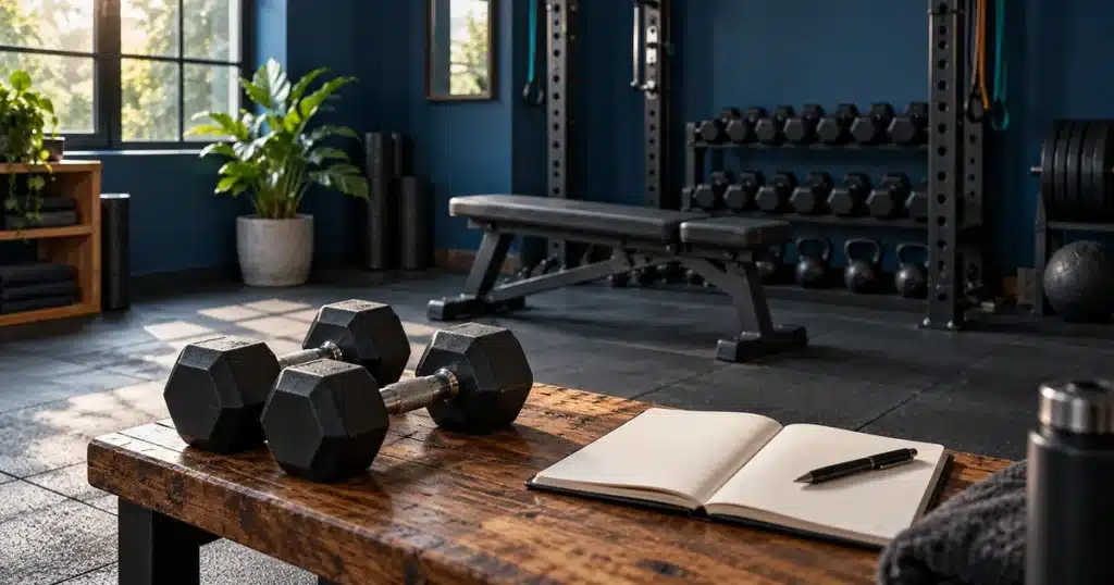 Dumbbells and an open training notebook in a sunlit home gym.