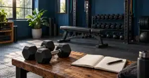 Dumbbells and an open training notebook in a sunlit home gym.